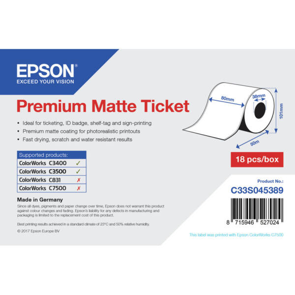 Espon Premium Matte Ticket - rulle: 80 mm x 50 m.