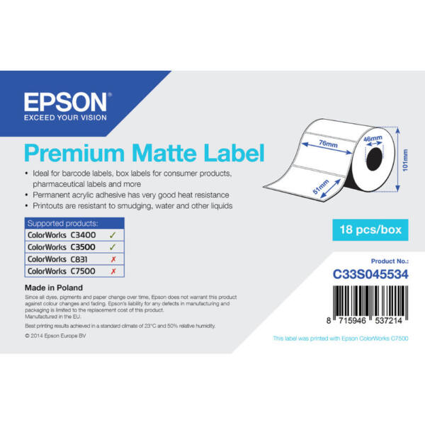 Epson premium matte label - die-cut roll: 76mm x 51mm, 650 labels. - image 1