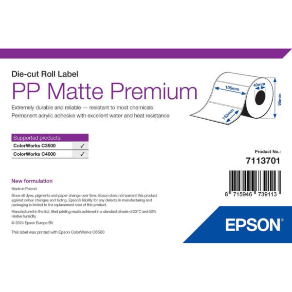 Labels, epson, syntetisk, pp matte label premium, b: 105 mm, h: 152 mm, d: 95 mm, c: 40 mm - billede 1