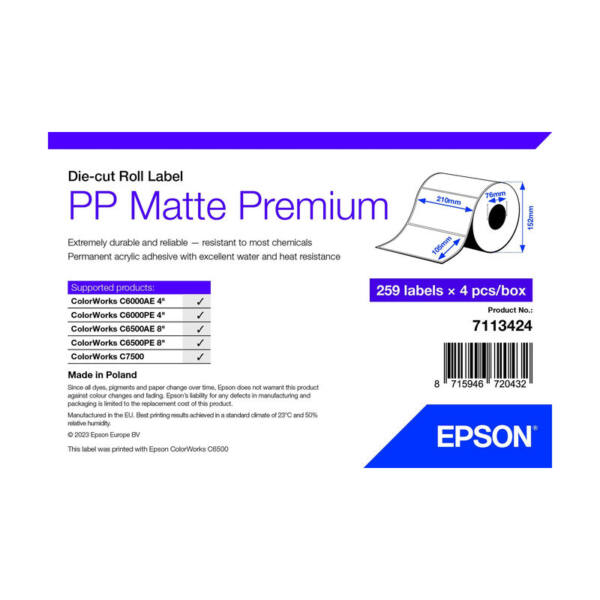 Labels, epson, syntetisk, pp mat label premium, b: 105 mm, h: 210 mm, d: 130 mm, c: 76 mm - billede 1