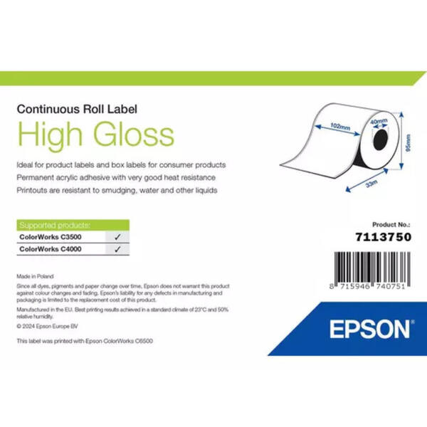 Labels, epson, normal paper, high gloss label, b: 102 mm, h: 33000 mm, d: 95 mm, c: 40 mm - billede 1