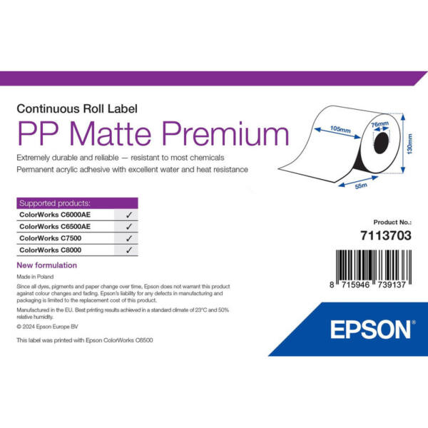 Labels, epson, syntetisk, pp mat label premium, b: 105 mm, h: 55000 mm, d: 130 mm, c: 76 mm - billede 1