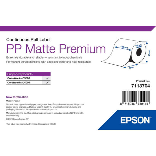 Labels, epson, syntetisk, pp mat label premium, b: 105 mm, h: 29000 mm, d: 95 mm, k: 40 mm - billede 1