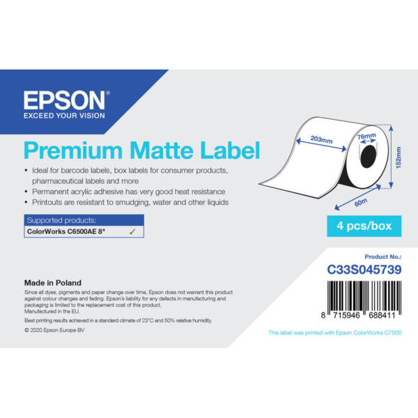 Labels, epson, almindeligt papir, premium matte label, b: 203 mm, h: 60000 mm, d: 152 mm, c: 76 mm - billede 1