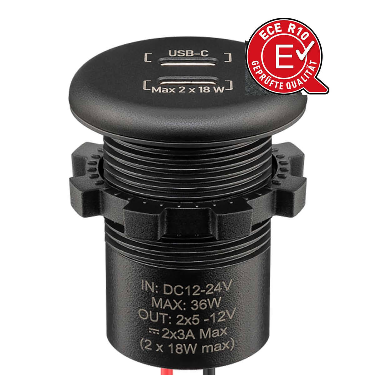 Dubbel USB-C panelmonterad laddare med avisolerade ledare, kabellängd 150 mm