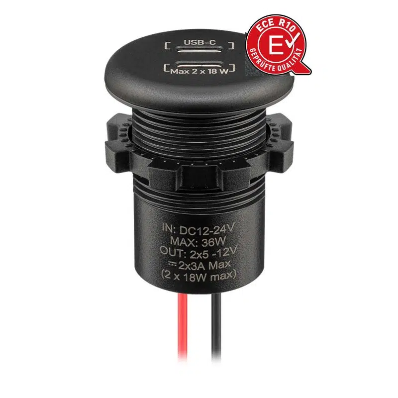 Dubbel USB-C panelmonterad laddare med avisolerade ledare, kabellängd 150 mm