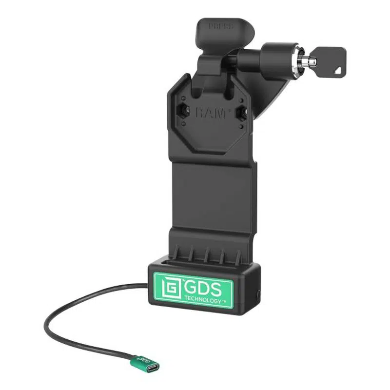 RAM Mounts GDS Uni-Conn ladedock med nøglelås (højre) – 2-huls AMPS-mønster – USB-C-stik – skruesæt