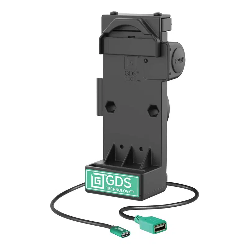 RAM Mounts GDS Uni-Conn fjederbelastet ladedock – 2-huls AMPS-mønster – USB-C- og USB-A-stik – skruesæt