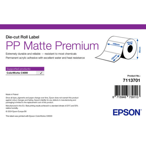 Labels, epson, syntetisk, pp matte label premium, b: 105 mm, h: 152 mm, d: 95 mm, c: 40 mm - billede 1