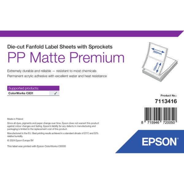 Labels, epson, syntetisk, pp mat label premium, b: 203 mm, h: 152 mm, c: leporello - billede 1