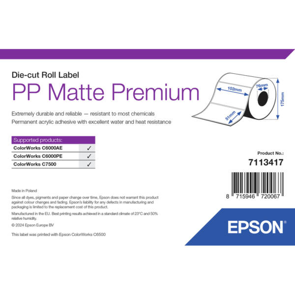 Epson pp matte label premium, stansad rulle, 102 mm x 51 mm, 2310 etiketter - bild 1