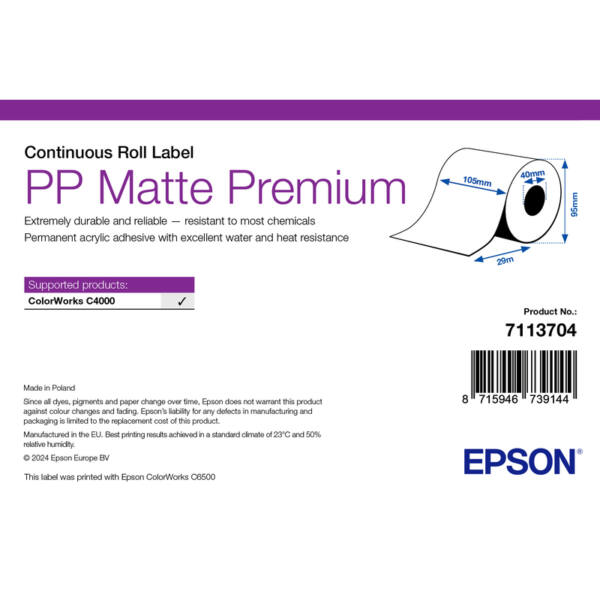 Labels, epson, syntetisk, pp mat label premium, b: 105 mm, h: 29000 mm, d: 95 mm, k: 40 mm - billede 1
