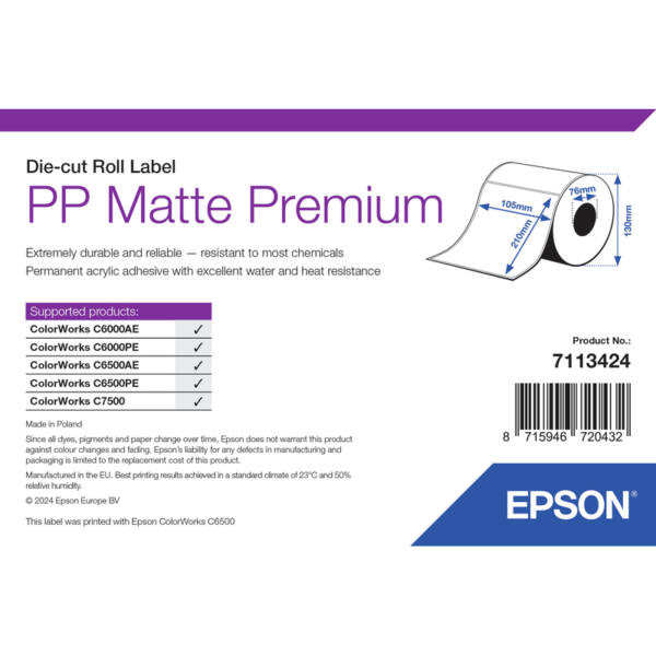Labels, epson, syntetisk, pp mat label premium, b: 105 mm, h: 210 mm, d: 130 mm, c: 76 mm - billede 1