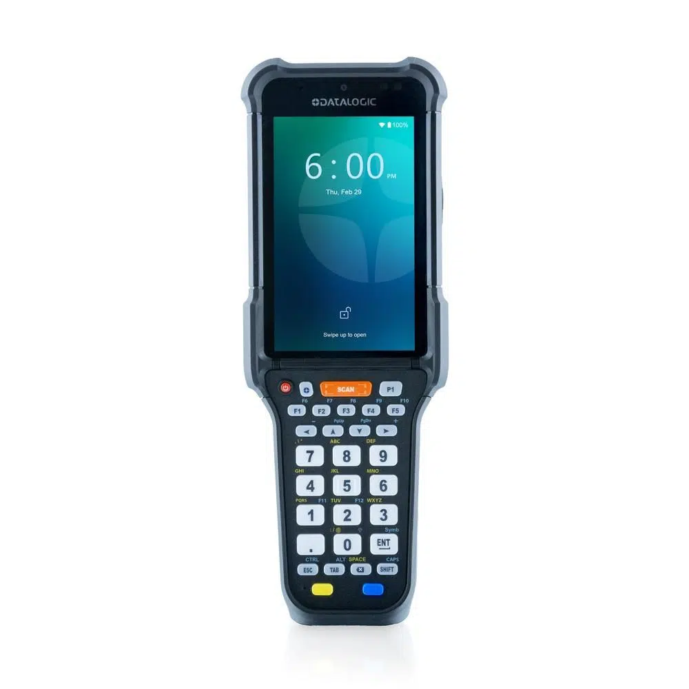 Datalogic Falcon X60, 4.3" display, Android 15, Qualcomm octa-core, 8GB RAM, 128GB storage, 2D Standard Range scan engine, 31-key Numeric, Wi-Fi 6E, pistol grip, ruggedized.