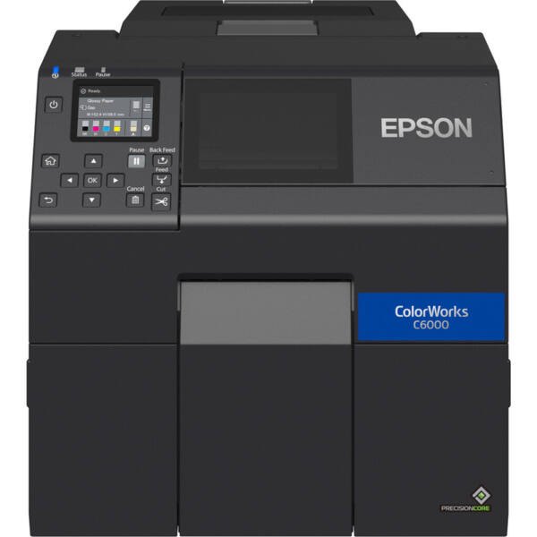 Epson colorworks c6000-serien farveetiketprinter, 112 mm medier, 85 mm/s, skærer, ethernet, usb, sort - billede 1