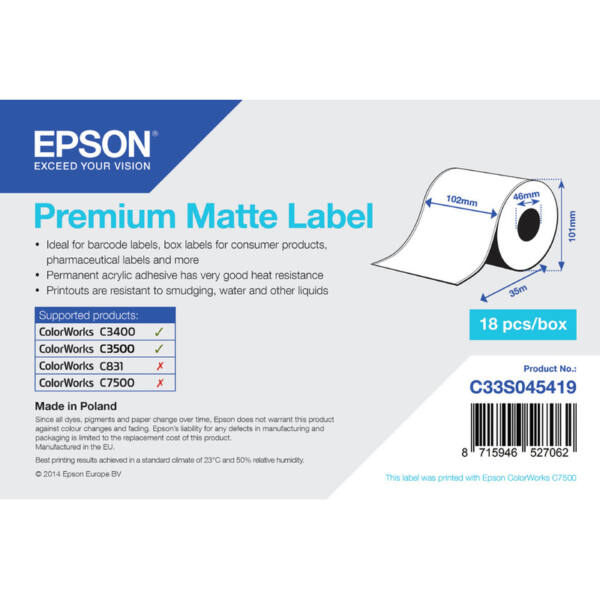 Epson premium mattes etikett 102 x 35 m, – bild 1